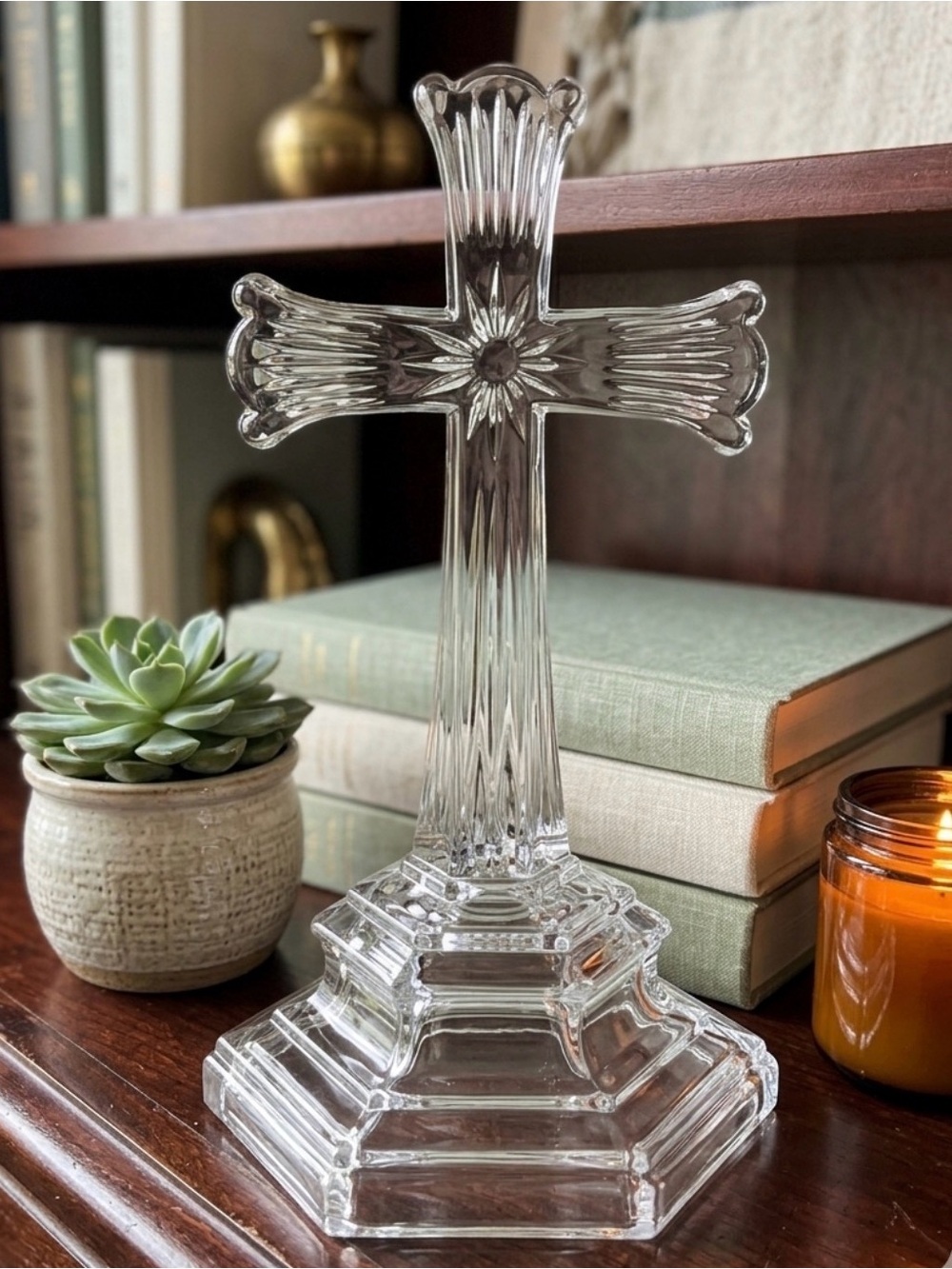 Vintage Deplomb Leaded USA Crystal Glass Cross Statue Figurine Christian 7”